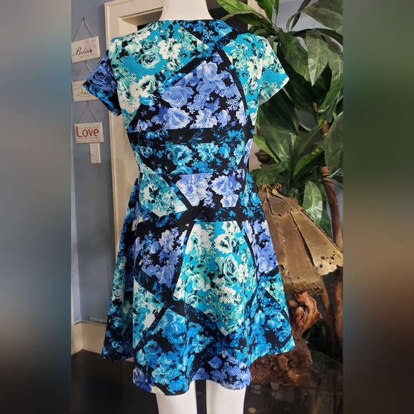 Shelby & Palmer Floral Flare Mini Dress Size 10P Blue Black Green - Picture 6 of 7